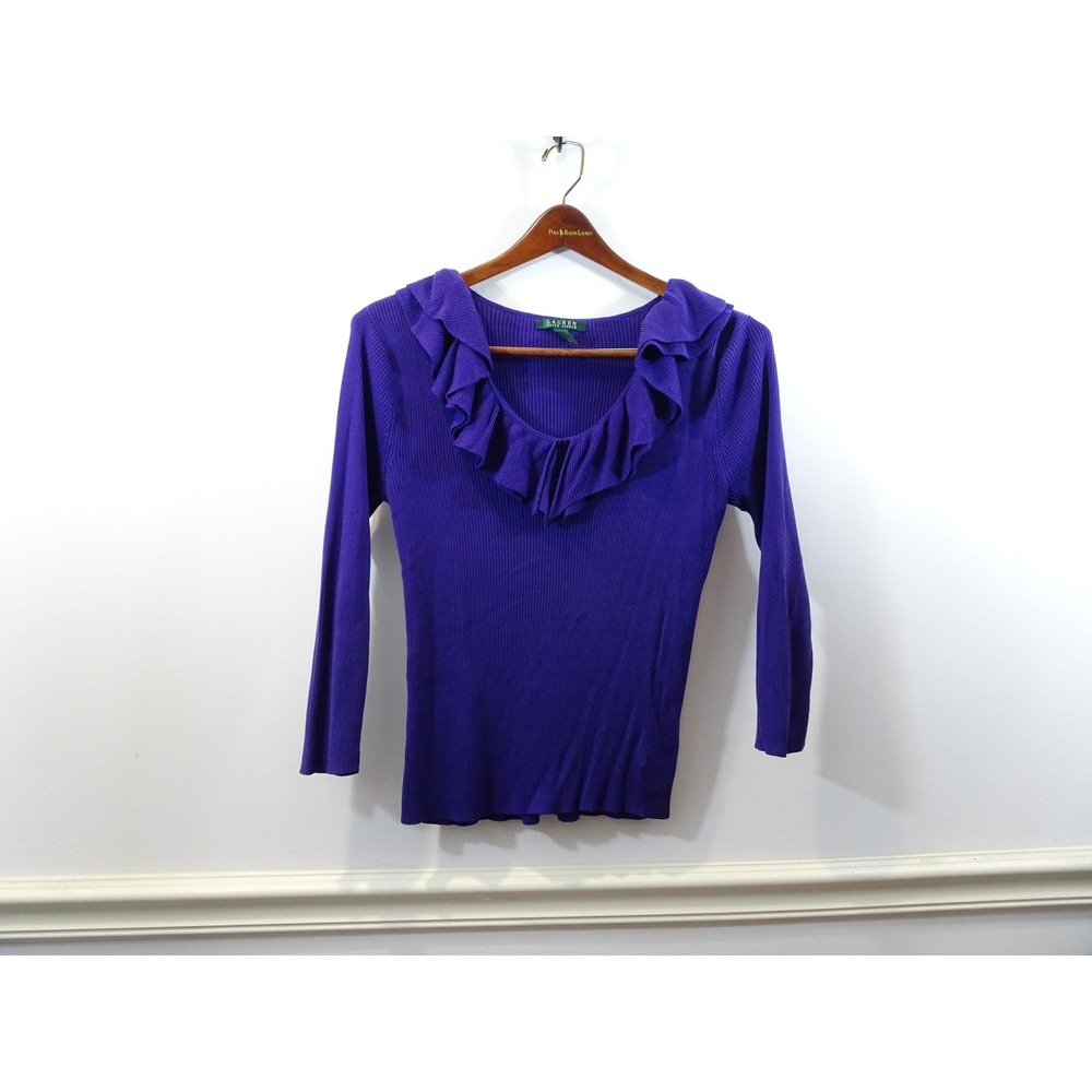 Lauren Ralph Lauren Purple 100% Silk Ribbed Ruffle V-Neck Top Large Womens